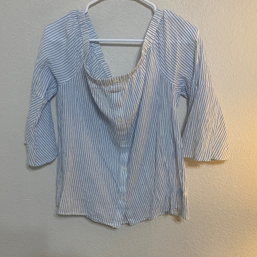 Michael Kors Light Blue & White Striped Off The Shoulder Button-Down Top